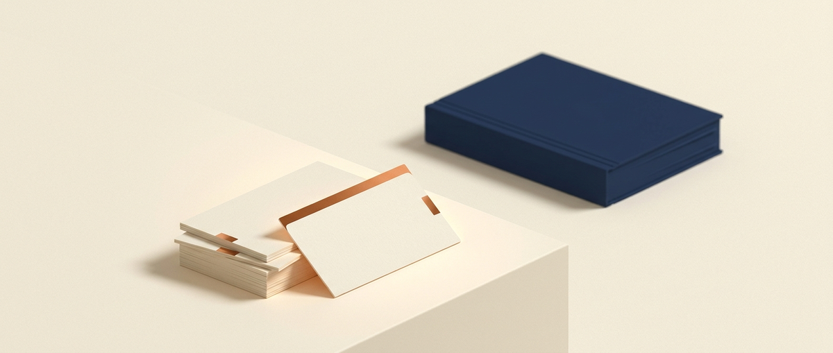 A small stack of marked donor cards sits in warm light while a larger navy archive recedes in the background.