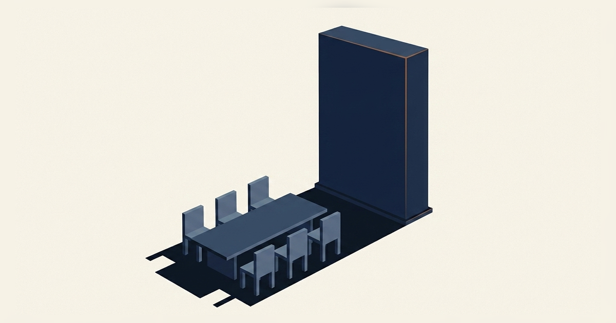 A dark institutional monolith casts a long shadow containing an empty boardroom table and vacant chairs.
