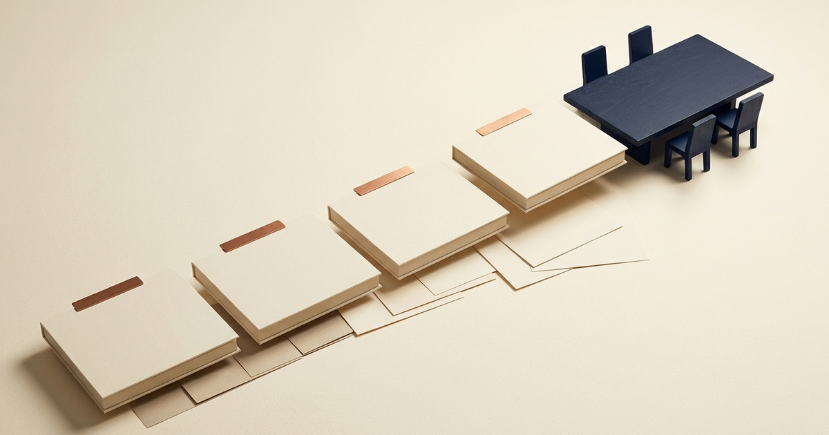 Editorial illustration of formal document folios moving toward a small decision table while underlying evidence sheets fall away before reaching it.