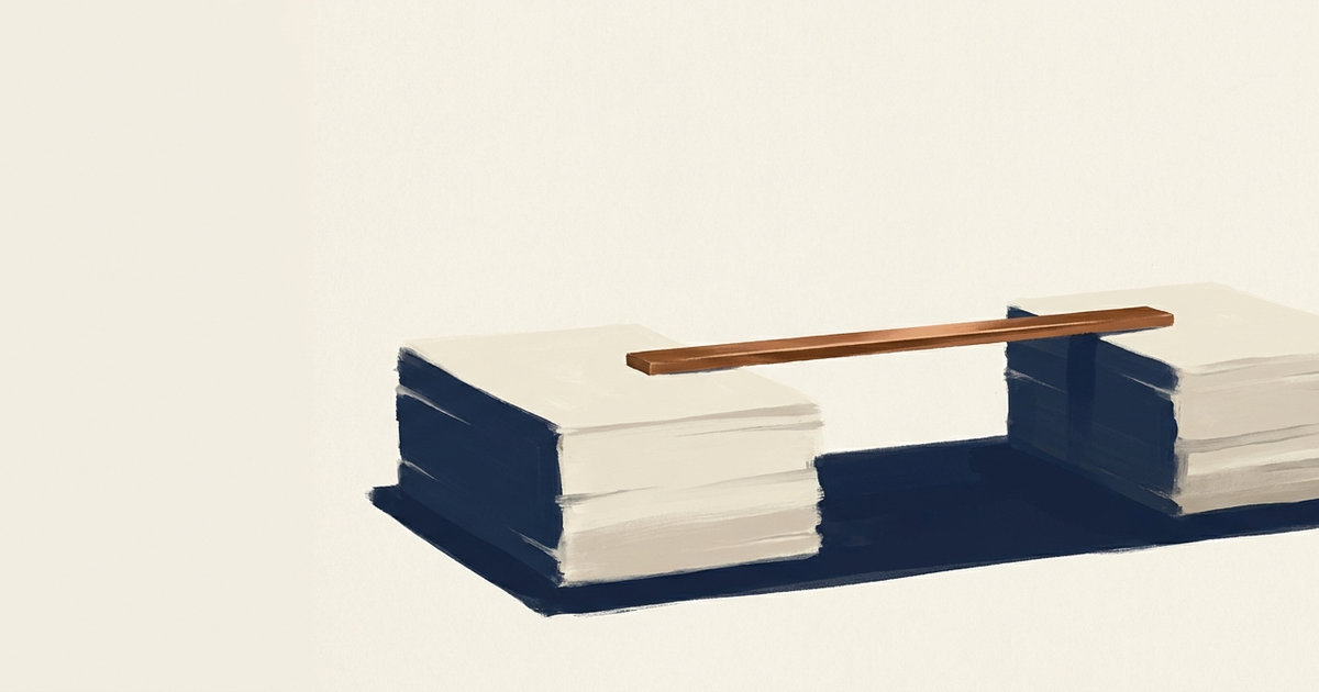 Illustration of a slim copper calibration bridge spanning two stacks of blank public-report sheets, with a shared navy shadow beneath them.